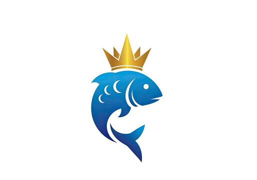 Blue fish wearing a gold crown on white background