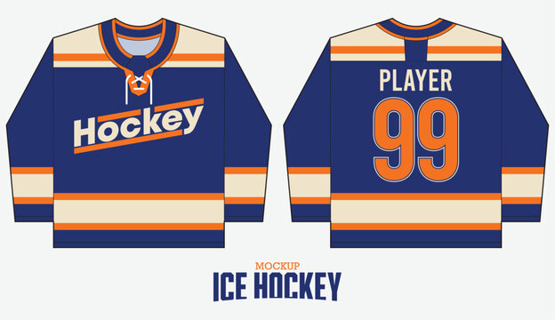 Lace-up ice hockey jersey mockup template design. Editable stroke and easy to replace pattern. Front view, back view hockey uniform design. 