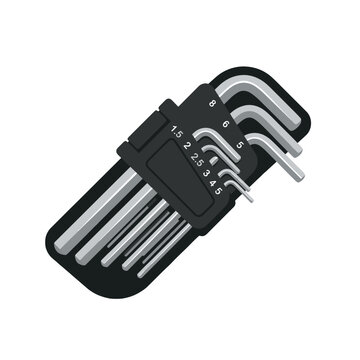 An illustration of a set of metallic L-shaped hex keys (Allen wrenches) neatly organized in a black holder, showing various sizes.