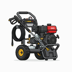Fototapeta premium A red and black gas-powered pressure washer with a hose, spray gun, wheels, and a gauge.