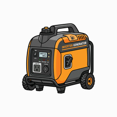Fototapeta premium An illustration of an orange and black portable inverter generator with wheels and a control panel showing power output details.