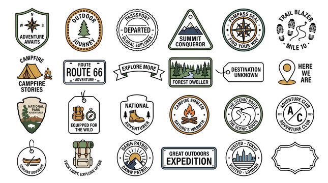 Adventure expedition vector badge set with camping labels, mountain emblems, route signs, compass stamps, hiking patches and outdoor travel logos