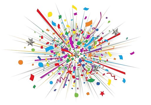 Colorful celebration confetti explosion with bright geometric shapes bursting outward