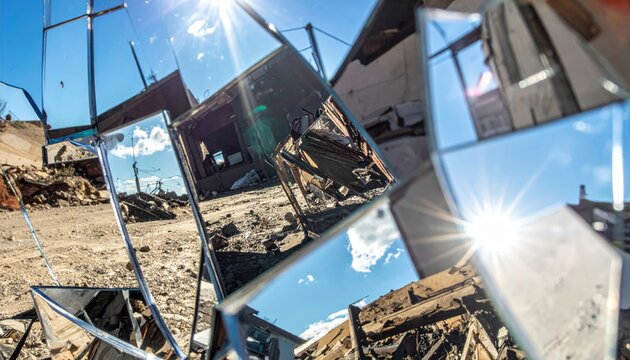 Shattered Mirror Fragments Reflecting Distorted Sky and Ruins