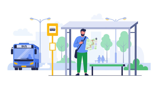 Man with map and phone at bus stop, waiting for public transport in city