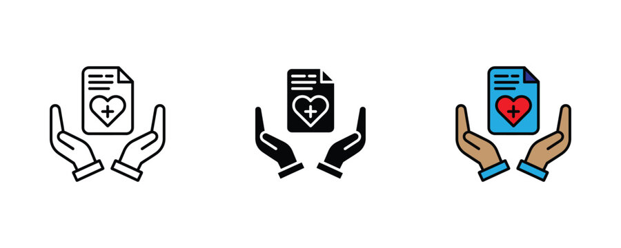 Two hans proccion mical halth fil icon st. Charp halthcare insurance plan, hospital trman clinical summary, an mical rcor symbol. Vector Illustration