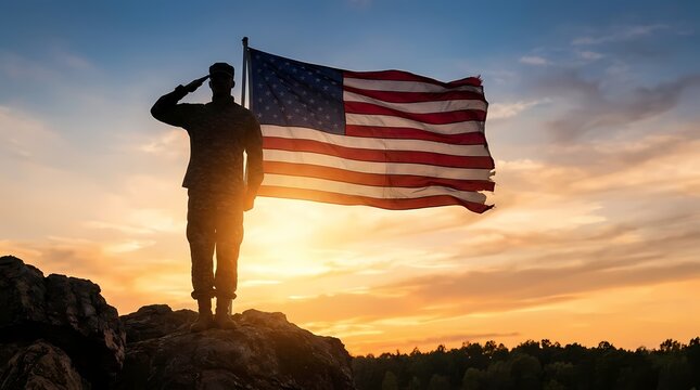 Patriotic 4th of july salute silhouette of soldier honoring american flag at sunset