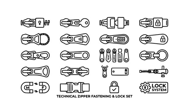 Creative zipper fastening icon set vector collection with apparel hardware symbols