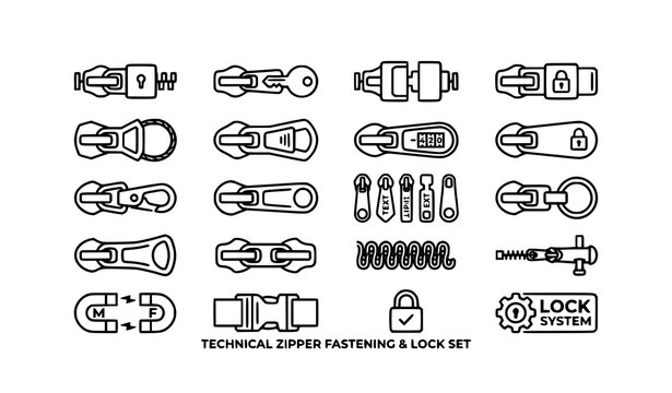 Professional zipper puller lock symbol set vector icons for sewing and apparel design