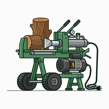 A green log splitter machine with two large wheels and a powerful electric motor stands ready to split wood.