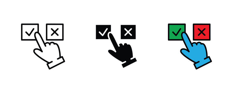 Han clicking on check an cross mark icon st. Right wrong option choosing, survey voting ux ui analysis, an approval rjcion symbol. Vector Illustration