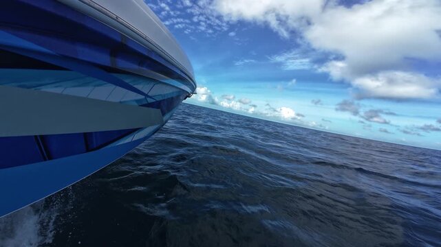 Experience the raw energy of maritime exploration as white spray hits the lens during a fast-paced offshore journey.