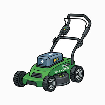 A green, battery-powered lawn mower with a charging indicator on the handle and a VOLT MOWER label on its deck.