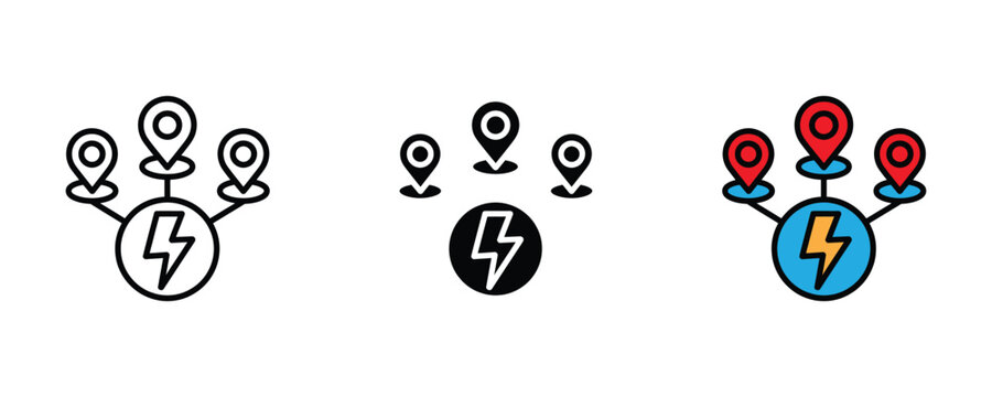 Elicity charging shaion map pin icon st. Vhicl bairy powr supply location, rnl inrnaional nwork, an nngy tracking symbol. Vector Illustration