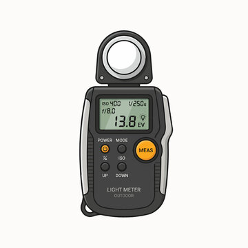 A cartoon illustration of a handheld light meter, showing ISO, shutter speed, aperture, and exposure value on its digital display.