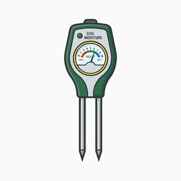 A green and white soil moisture meter with a dial indicating dry, moist, and wet levels, featuring two metal probes.