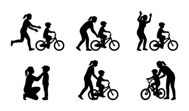 Learning to Ride a Bicycle, Parent and Child Silhouettes, Childhood Activity Set, Outdoor Fun and Support