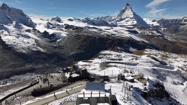 Aerial view of Gornergrat in Zermatt, Switzerland with a view of the famous observatory and viewpoint of the Matterhorn and Gorner glacier.