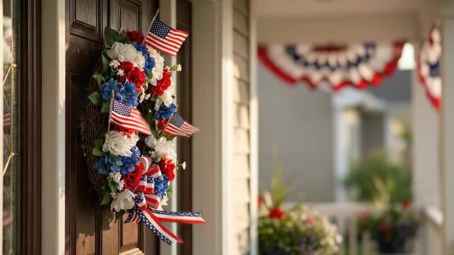 American flag wreath hanging on a front door. Patriotic porch decor with red white and blue bunting. Memorial day and independence day celebration at home exterior.