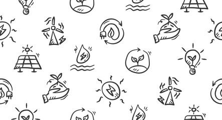 Ecology icon doodle background. Sustainability pattern background. Earth day seamless pattern. Green energy hand drawn pattern with solar panel, green electricity, earth conservation. © Dean