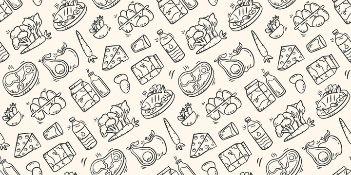 Healthy food doodle background. Nutrition food pattern background. Grocery seamless pattern. Real food hand drawn pattern with eggs, fruit, vegetable, fish, meat, water, milk, cheese.