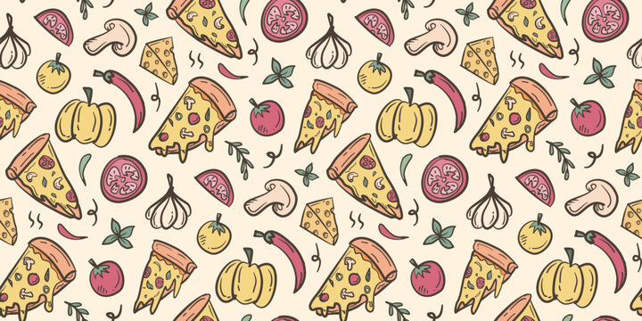 Pizza doodle background. Pizza slices pattern background. Pizza and vegetables seamless pattern. Food hand drawn pattern with chili, pepper, tomato, onion, cheese, mushroom.