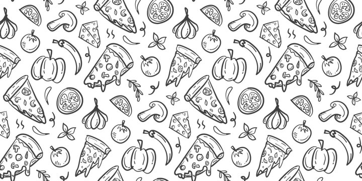 Pizza doodle background. Pizza slices pattern background. Pizza and vegetables seamless pattern. Food hand drawn pattern with chili, pepper, tomato, onion, cheese, mushroom.