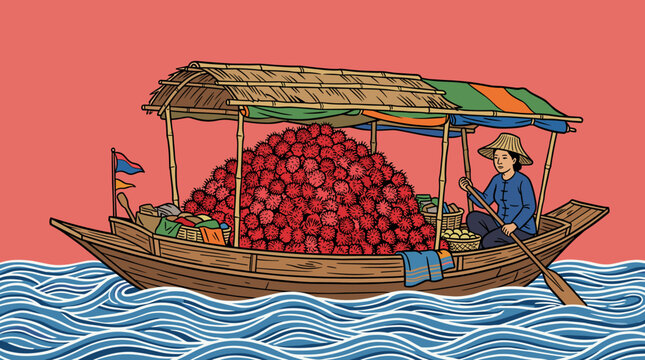 Large wooden boat completely filled with a huge pile of red rambutan fruits being navigated by a local woman through river waves