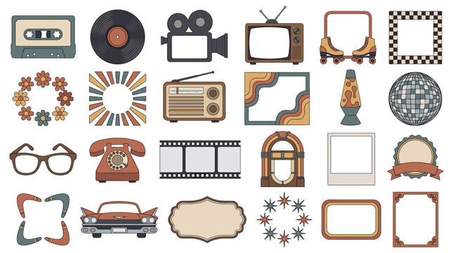 Colorful retro objects vector collection with cassette, vinyl record, camera, television, roller skate, phone, jukebox, car, frames and vintage decor