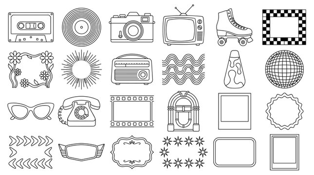 Retro outline vector set with vintage television, record, camera, roller skate, cassette, phone, sunglasses, film strip, frames and nostalgic patterns