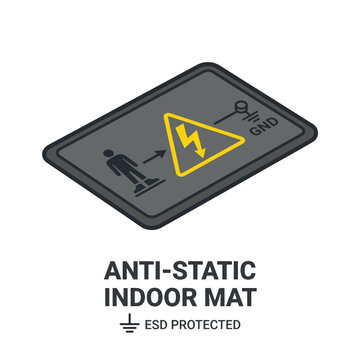 Isometric view of an anti-static indoor mat with an ESD warning symbol and ground connection. Text reads ANTI-STATIC INDOOR MAT ESD PROTECTED.