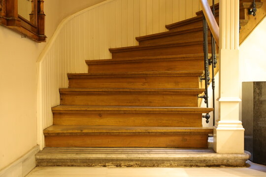 Close-up of spiral wooden stair treads