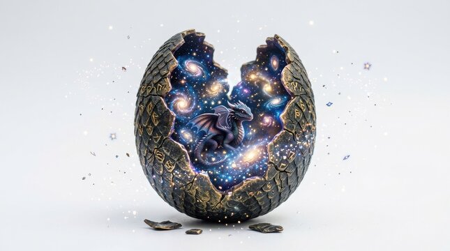 Cosmic dragon hatching from an ancient cracked egg, swirling galaxies, stardust and nebulae spilling out as a tiny celestial wyrm awakens to the universe

