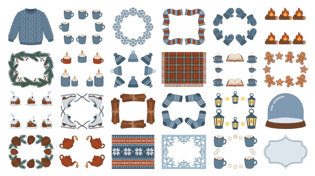Cozy winter hygge vector set with sweaters, mittens, scarves, candles, plaid blankets, tea, lanterns, wreaths, pine cones and warm seasonal decor