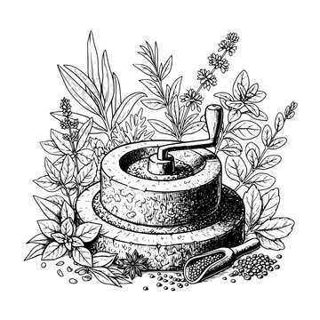 Vintage Engraving of a Hand Cranked Stone Spice Grinder and Herbs