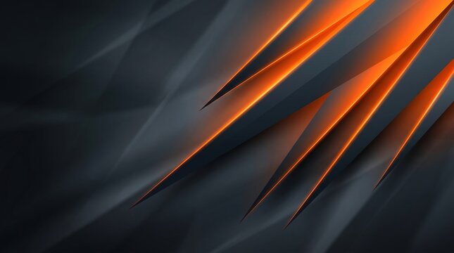 Futuristic abstract background with sharp geometric shards, dark charcoal grey and glowing orange light textures, sleek metallic 3d wallpaper for gaming and technology marketing materials.