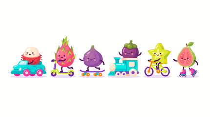 Obraz premium Playful Fruit Toys on Vehicles Cartoon Vector Neon Sticker Pack