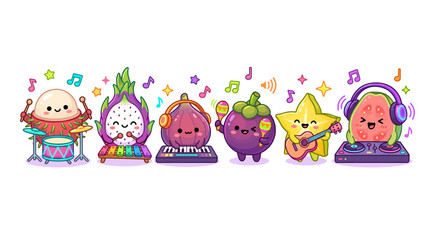 Fototapeta premium Cute Fruit Musical Toy Band Kawaii Kids Instruments Vector Set