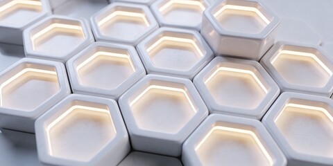 Fototapeta premium Glowing White Hexagonal Ceramic Cells with Soft Warm Light, Modular 3D Geometric Pattern Background for Modern Technology Banner