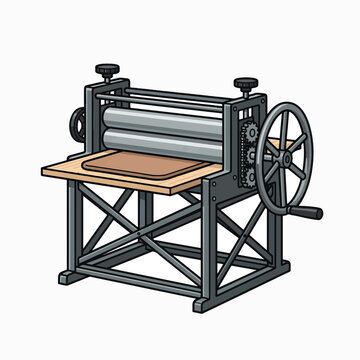 A vintage printing press with two rollers, a wooden platen, and a hand crank.