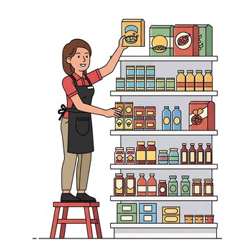 Woman restocking grocery store shelf.