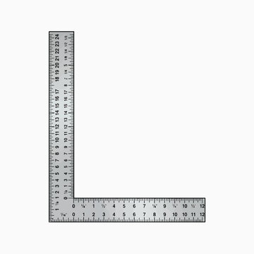 A metal L-square with imperial measurements on both arms, featuring a clear white background.