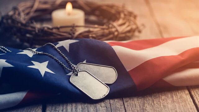 Military dog tags resting on American flag with burning candle. Memorial day tribute to soldier and veteran. Patriotism remembrance and honor concept for holiday.