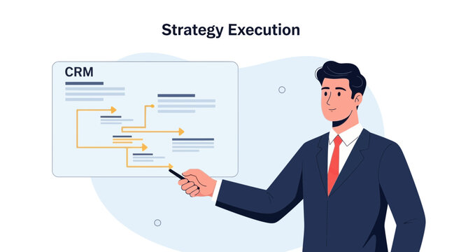 Business Person Explaining CRM Strategy Execution Flowchart on Digital Board