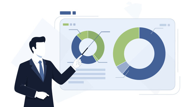 Business Presentation: Man in Suit Explaining Pie Charts on Screen
