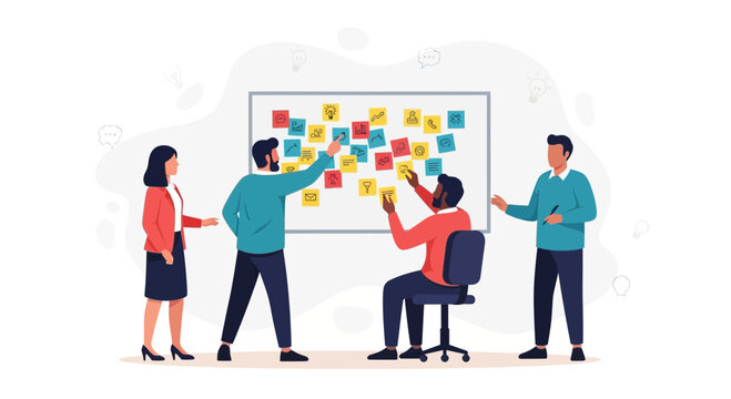 Team brainstorms with sticky notes on a whiteboard, planning ideas