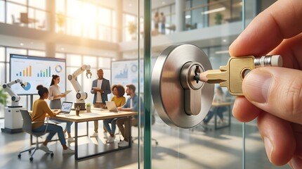 Fototapeta premium Pencil key unlocking office door glass for collaborative corporate project innovation