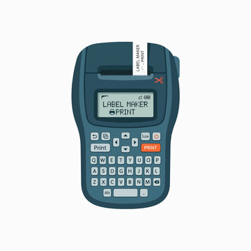 A dark blue label maker with a QWERTY keyboard, LCD screen, and a printed label emerging from the top.