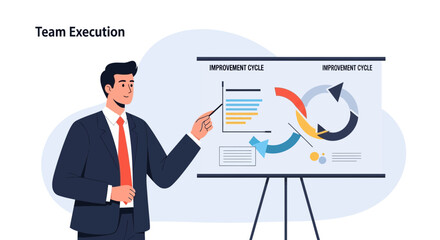 Obraz premium Businessman presents improvement cycle diagram on whiteboard, team execution concept