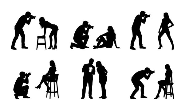 Photography Silhouettes: Diverse Poses of Photographers and Models, Studio Session Icons, Vector Set